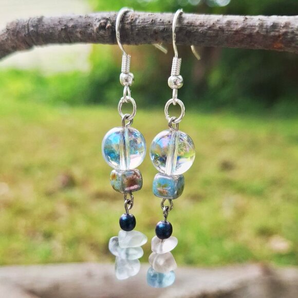 Blue Boho Sterling Silver Dangle Earrings Crystal Jewelry Hippie Earrings Artsy - Picture 1 of 7